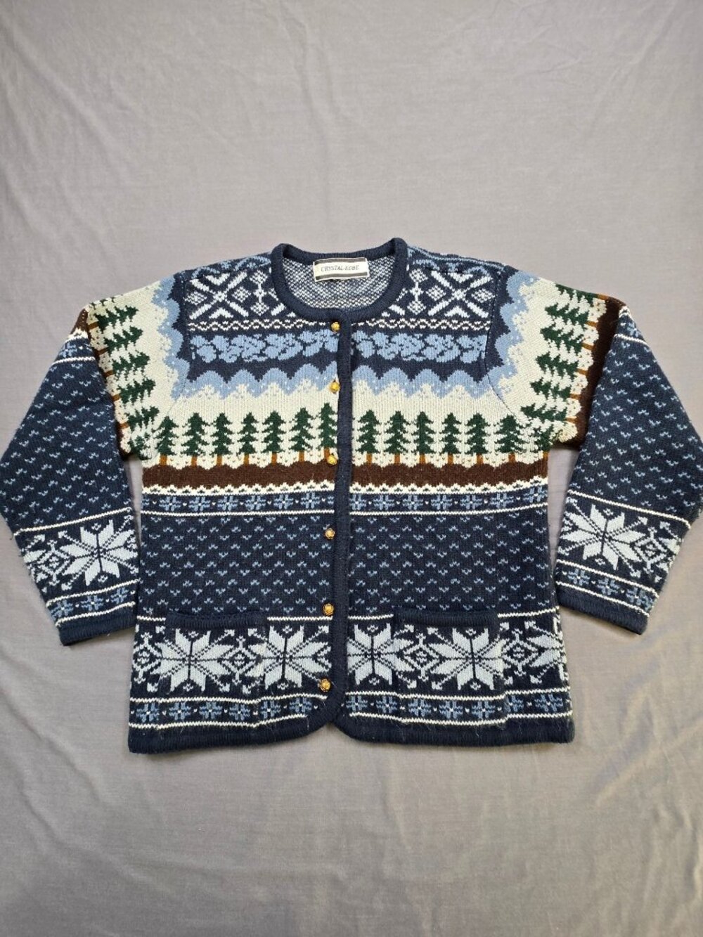 Vintage Crystal-Kobe Large Nordic Cardigan Sweater Button Up Navy Tree Pattern